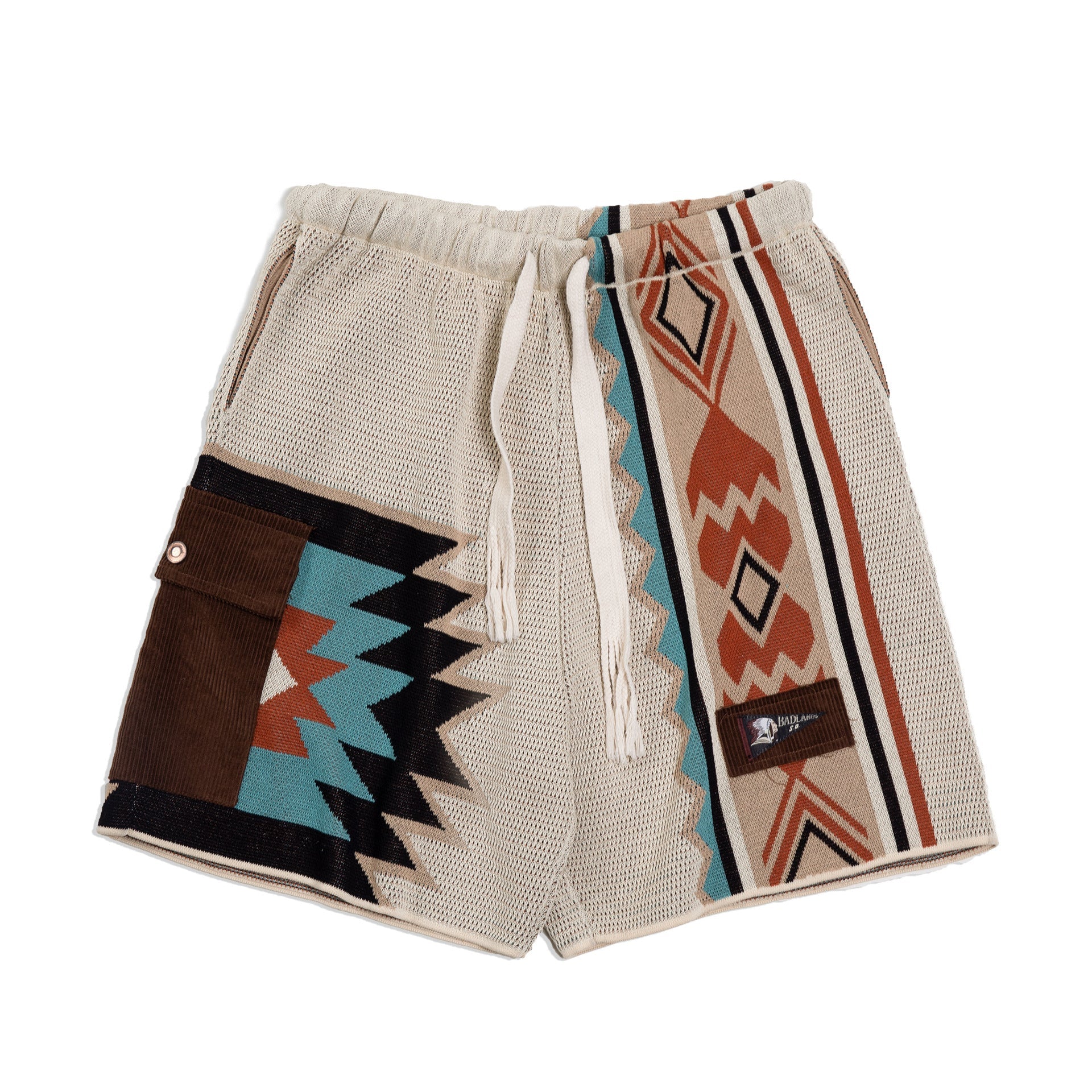 Pantaloncini americani retrò Navajo in maglia Valstrend, stile vintage con motivi geometrici e colori vivaci.