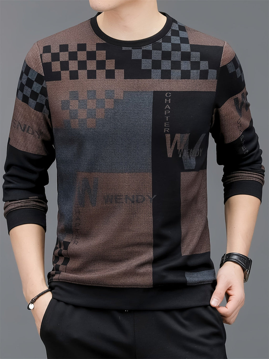 Maglione da uomo casual a maniche lunghe in misto rayon con motivo a quadri e lettere, lavabile in lavatrice, stile informale.