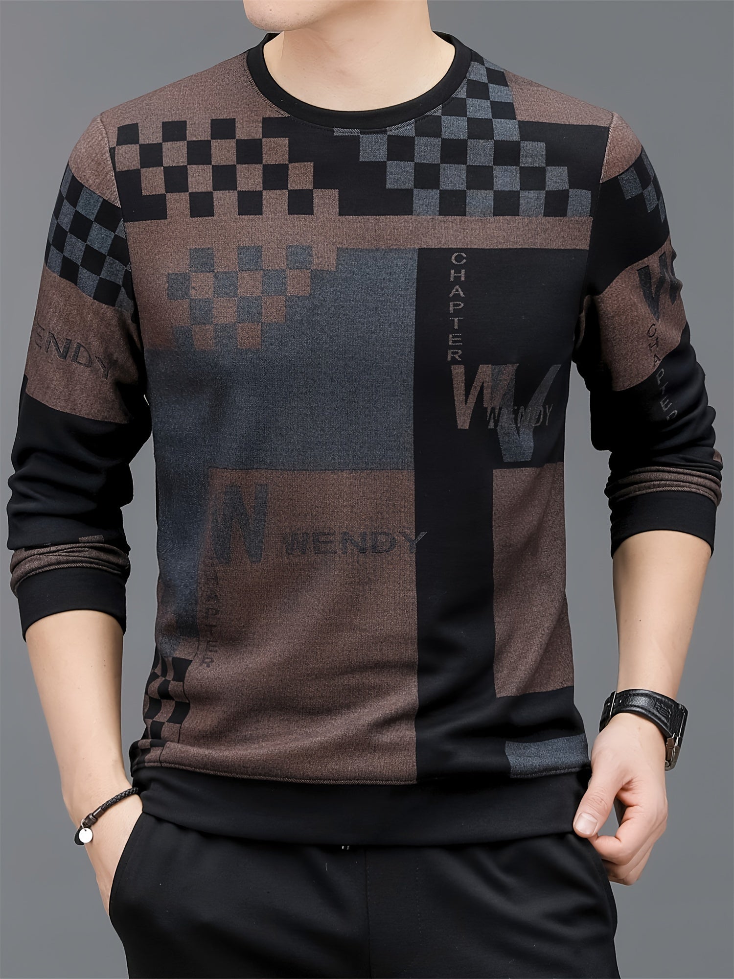 Maglione da uomo casual a maniche lunghe in misto rayon con motivo a quadri e lettere, lavabile in lavatrice, stile informale.