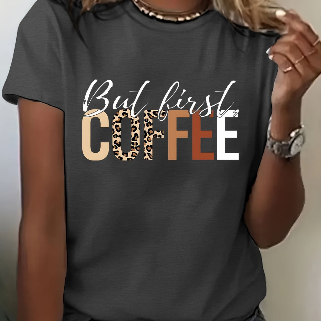 T-shirt donna Valstrend con stampa caffè, maniche corte, collo rotondo, ideale per primavera estate, abbigliamento casual.