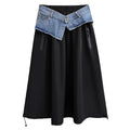 Gonna donna in denim con patchwork colorato in stile americano, marca Valstrend, vista frontale.