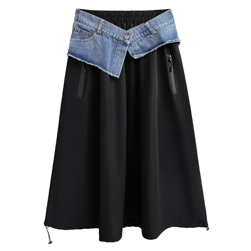 Gonna donna in denim con patchwork colorato in stile americano, marca Valstrend, vista frontale.