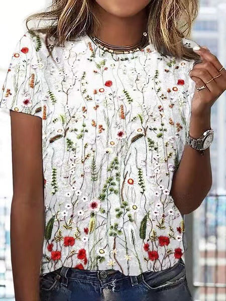 T-shirt da donna Valstrend a maniche corte con stampa floreale e scollo rotondo, stile europeo e americano, vestibilità morbida