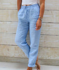 Pantaloni casual da donna in cotone e lino, vita alta elasticizzata e tinta unita, firmati Valstrend Shop, stile comodo e elegante.