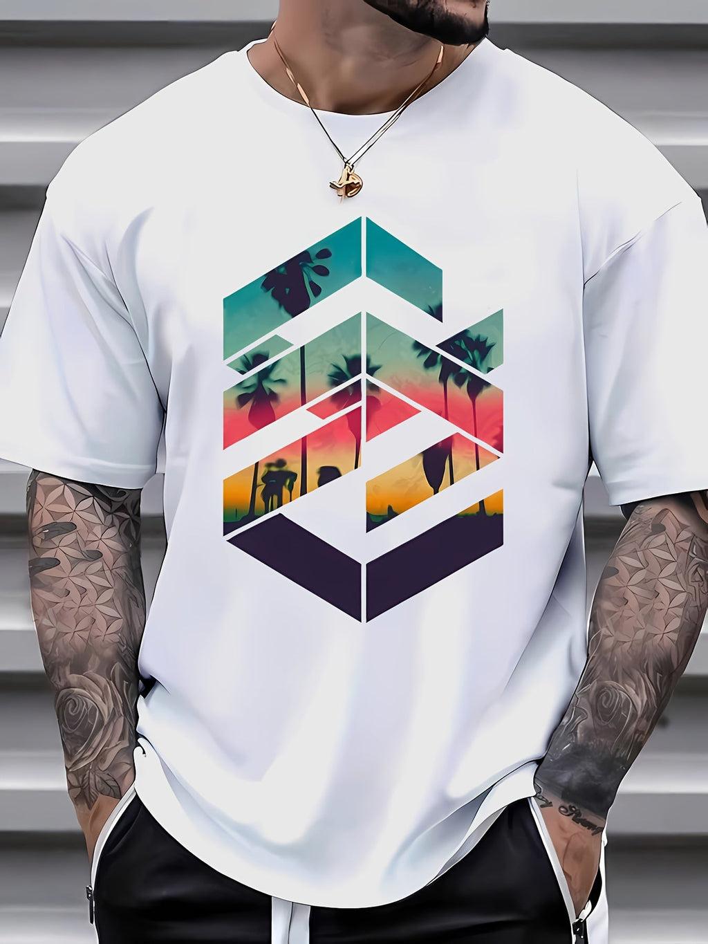 T-shirt casual estivo da uomo Valstrend con manica corta, stampa creativa e collo rotondo in poliestere.
