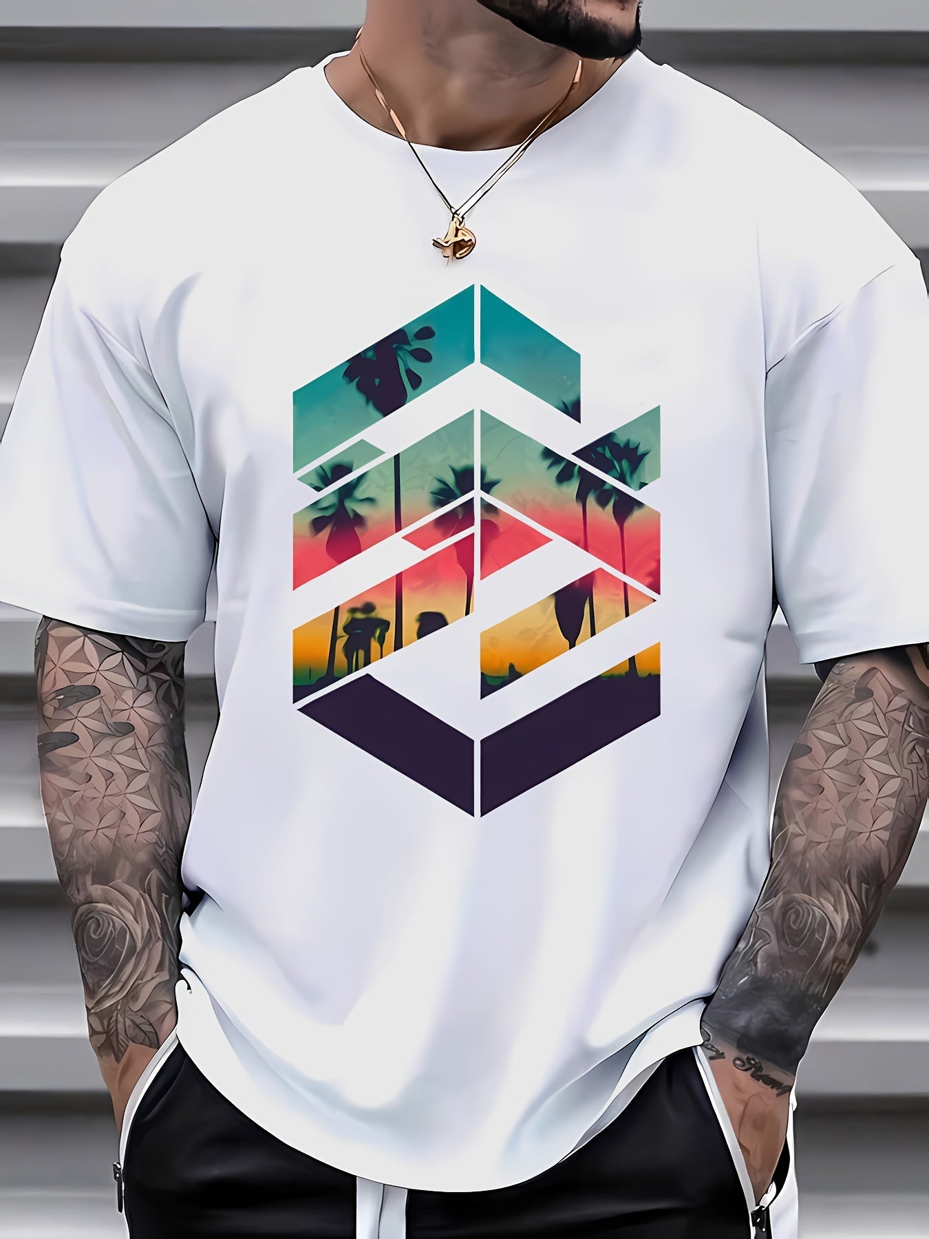 T-shirt casual estivo da uomo Valstrend con manica corta, stampa creativa e collo rotondo in poliestere.