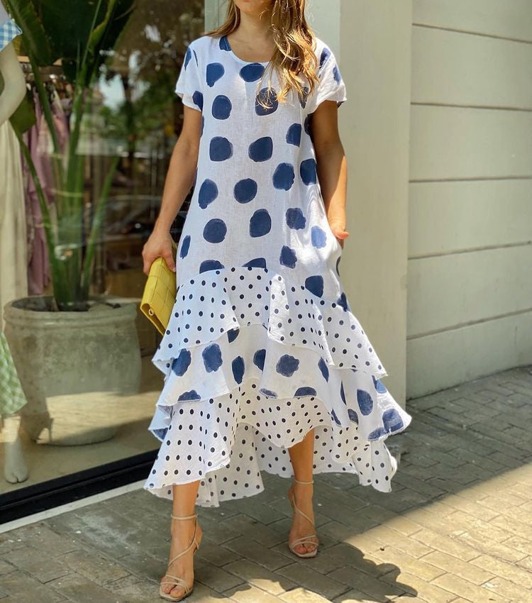 Vestito lungo a maniche lunghe con scollo rotondo e motivo a pois, donna, Valstrend Shop, stile elegante e femminile