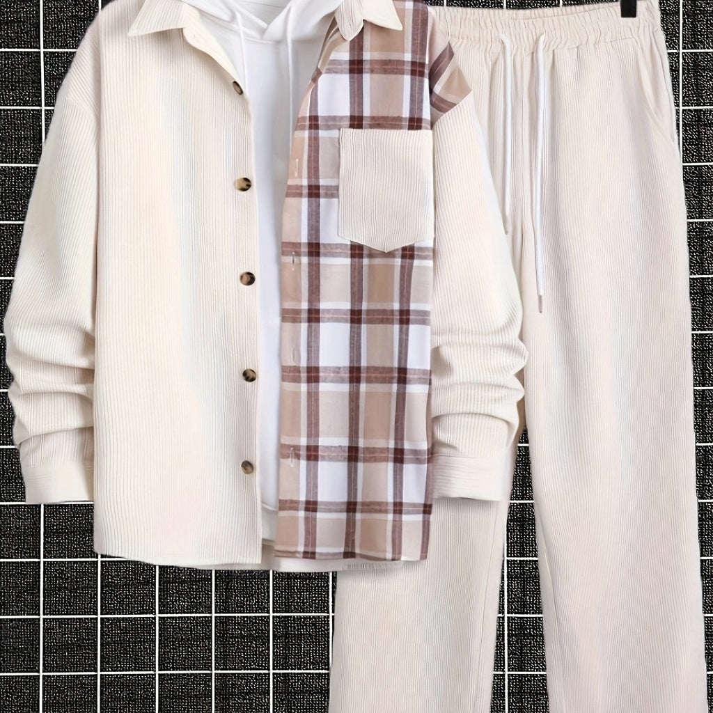Completo uomo Valstrend: camicia casual a quadri con tasca, giacca e pantaloni in tessuto poliestere per primavera e autunno.