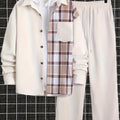 Completo uomo Valstrend: camicia casual a quadri con tasca, giacca e pantaloni in tessuto poliestere per primavera e autunno.