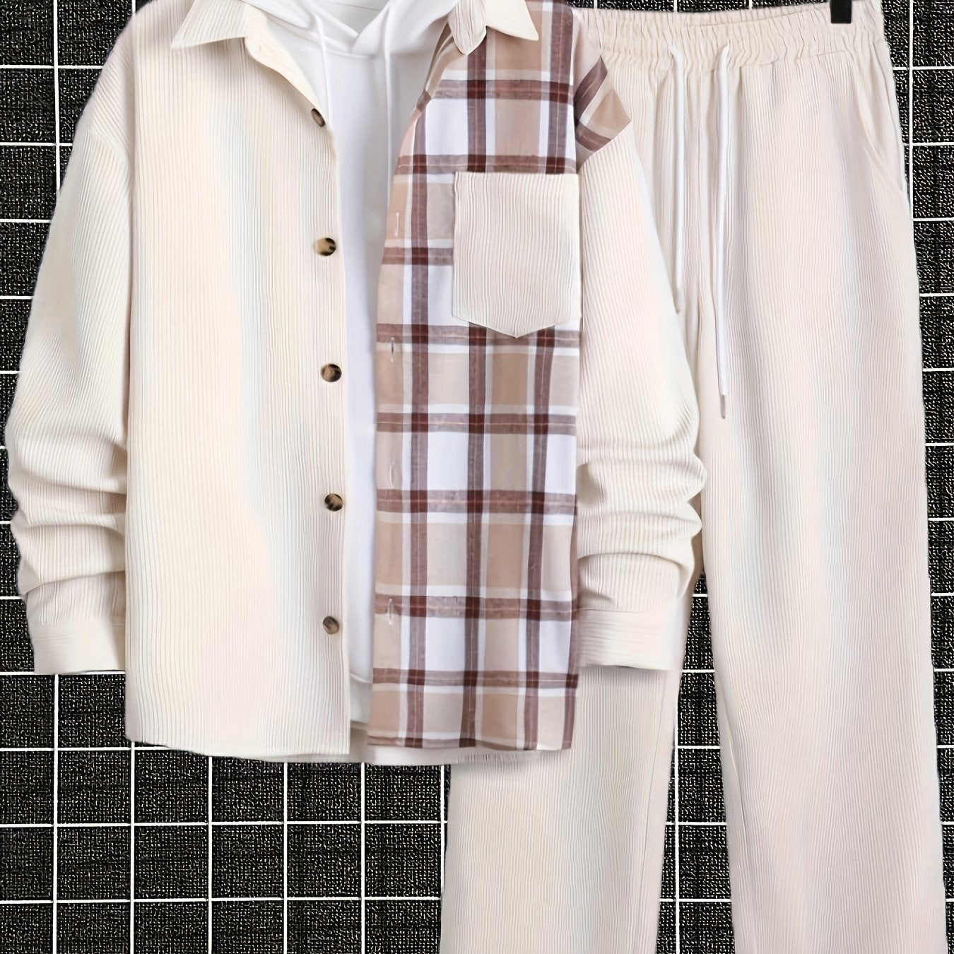 Completo uomo Valstrend: camicia casual a quadri con tasca, giacca e pantaloni in tessuto poliestere per primavera e autunno.