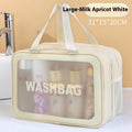 Borsa cosmetica trasparente in PVC a doppio strato per separare prodotti asciutti e bagnati, portatile e resistente.