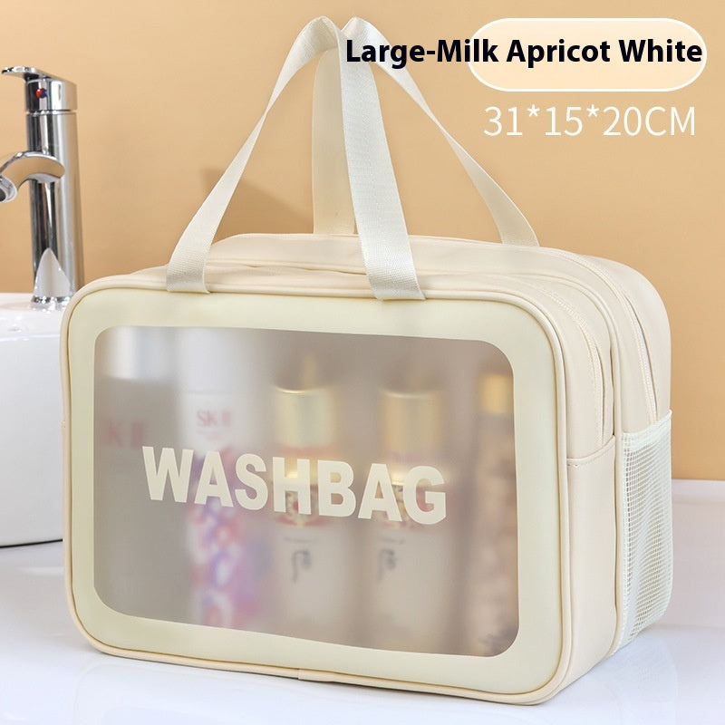 Borsa cosmetica trasparente in PVC a doppio strato per separare prodotti asciutti e bagnati, portatile e resistente.