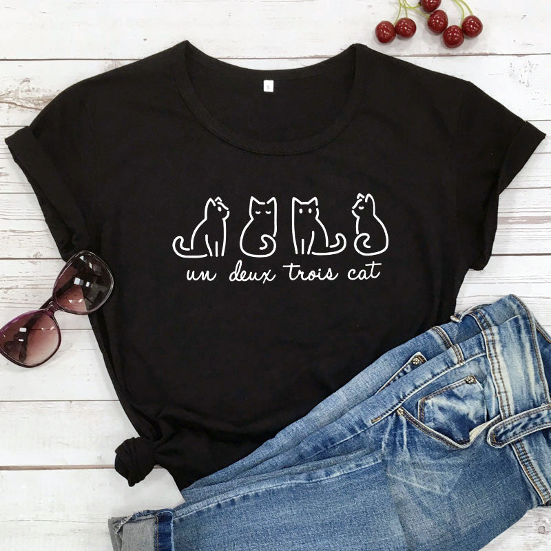 T-shirt rotondo con stampa di gatti lineari, maniche corte e collo rotondo, marca Valstrend shop.