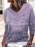 Women's Long-sleeved Lapel Button Loose Print T-shirt Sweater