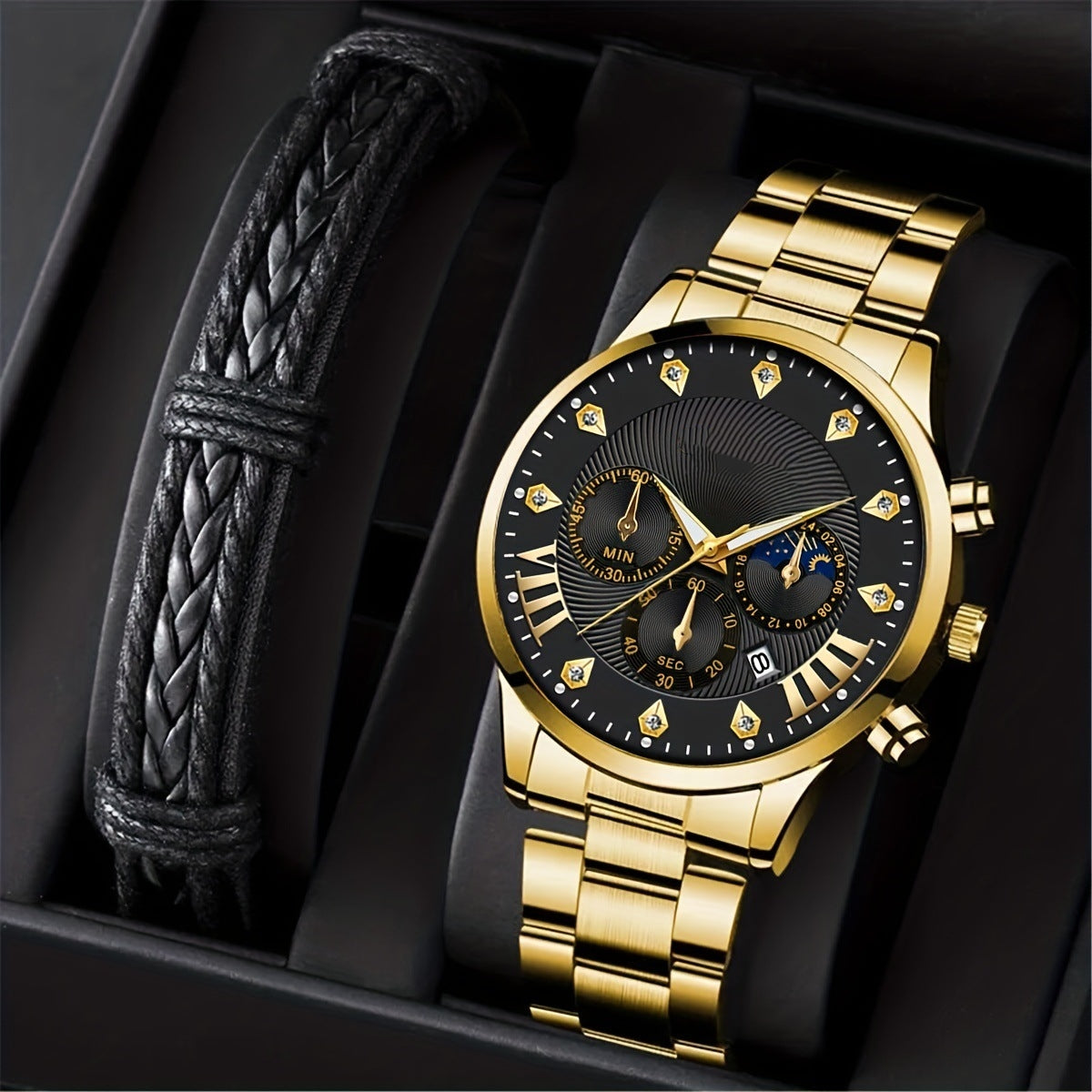 Orologio da uomo Valstrend con cinturino in acciaio, quadrante con stelle, lune e calendario, movimento al quarzo, decorato con diamanti