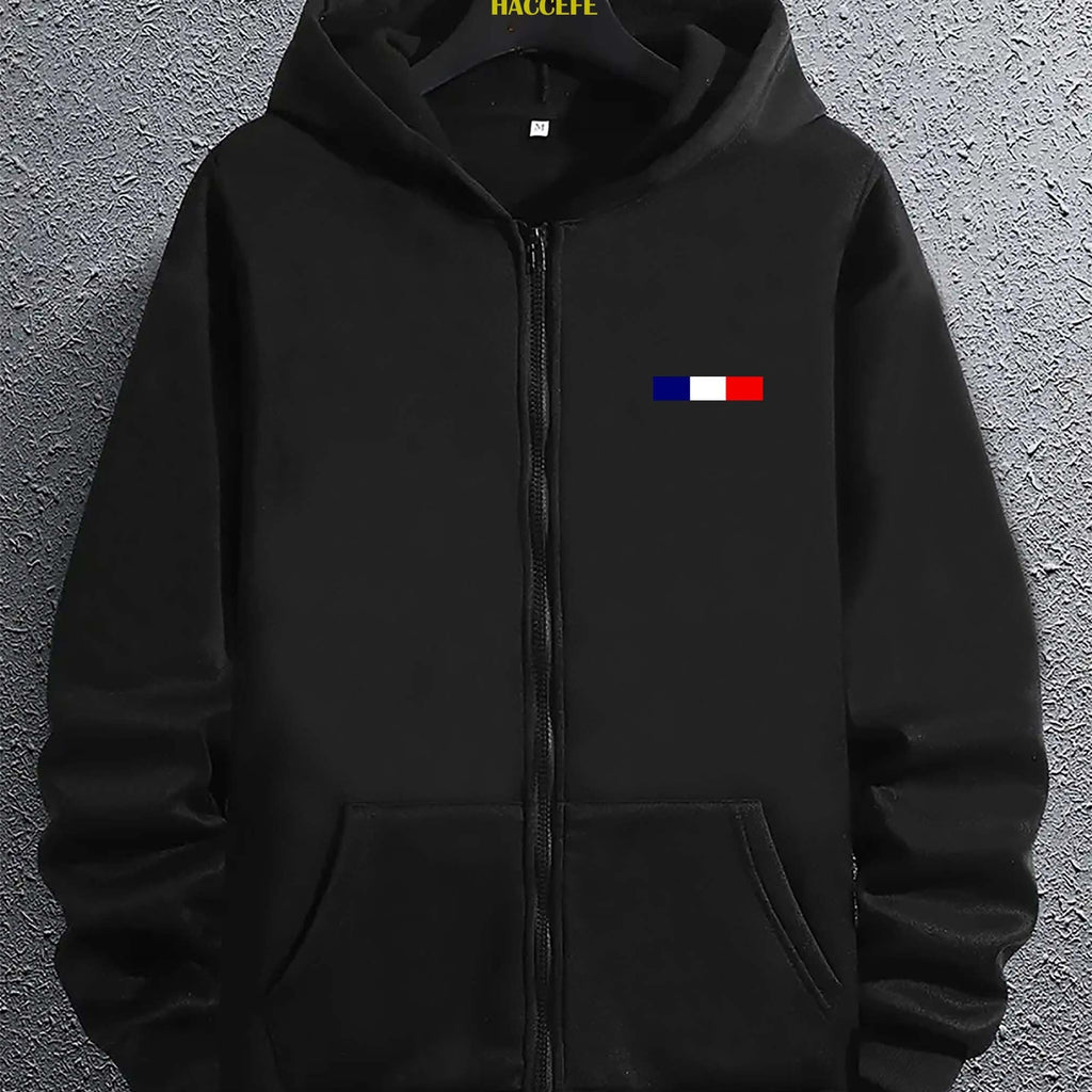 Felpa zip-up casual da uomo Valstrend con stampa bandiera, tasca frontale, maniche lunghe e vestibilità ampia per autunno e inverno