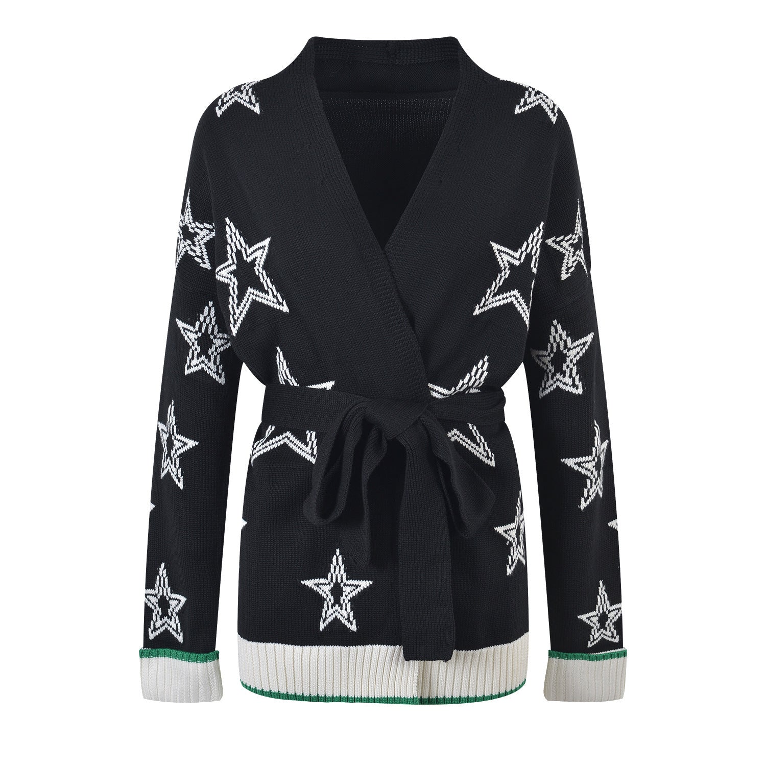 Cardigan in maglia Valstrend con cintura, stampa a stelle, chiusura con lacci e design elegante.