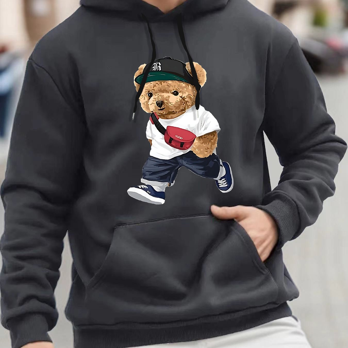 Fashion Teddy Bear Graphic Print, Men's Fashion Casual Hoodie With Drawstring And Kangaroo Pocket Design, Comfy Long Sleeves Pullover Hoodie, Autumn And Winter Top For Men