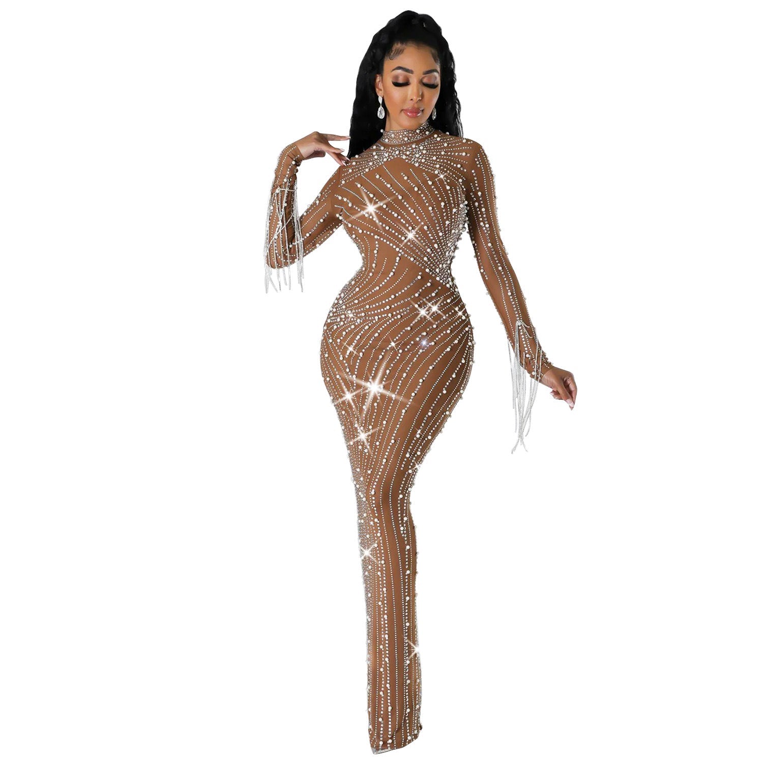 Vestito lungo da donna Valstrend con rete e strass, abito elegante in tessuto trasparente e dettagli scintillanti.
