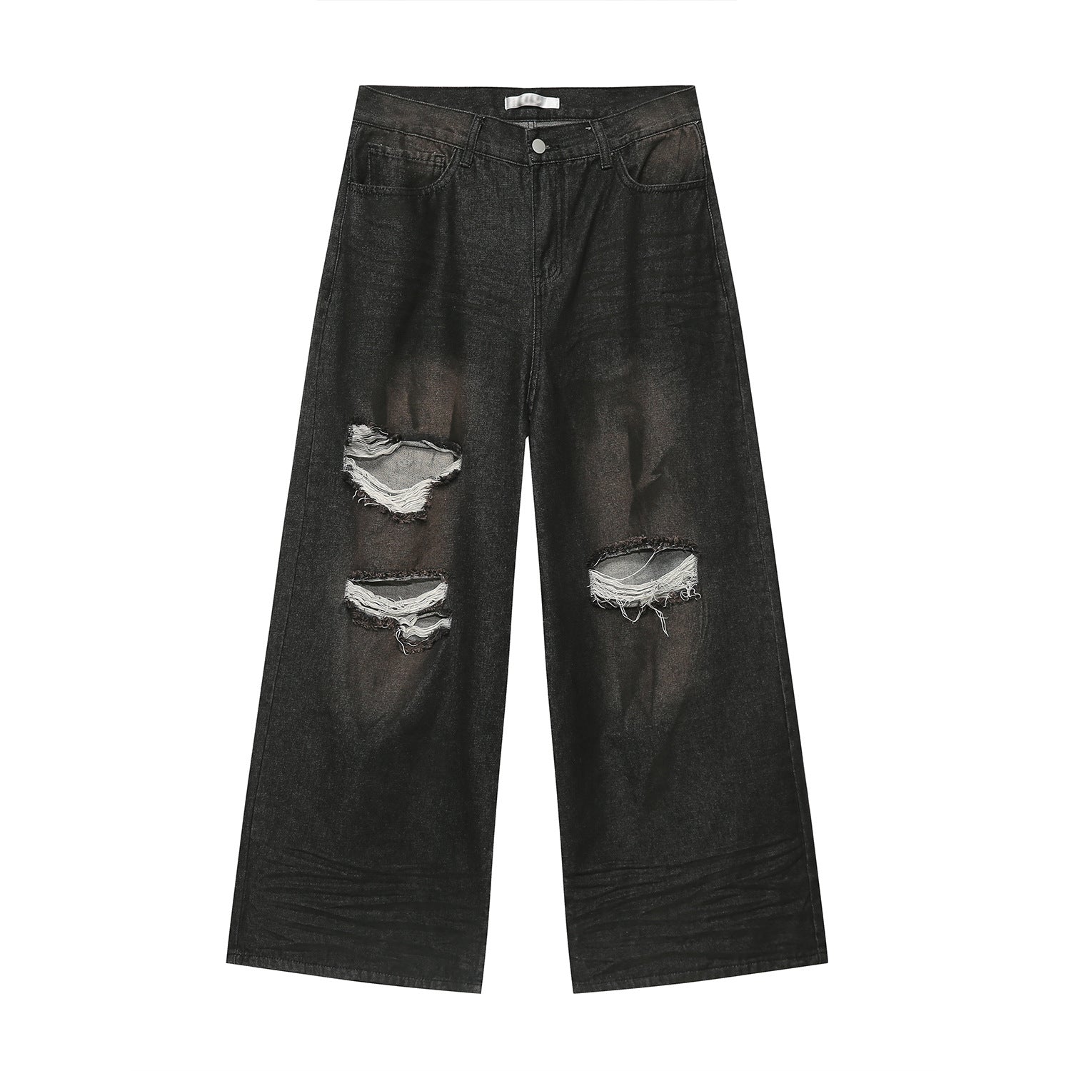 Jeans larghi a gamba dritta con strappi in stile retrò, marca Valstrend Shop, con dettagli vissuti e stile casual.