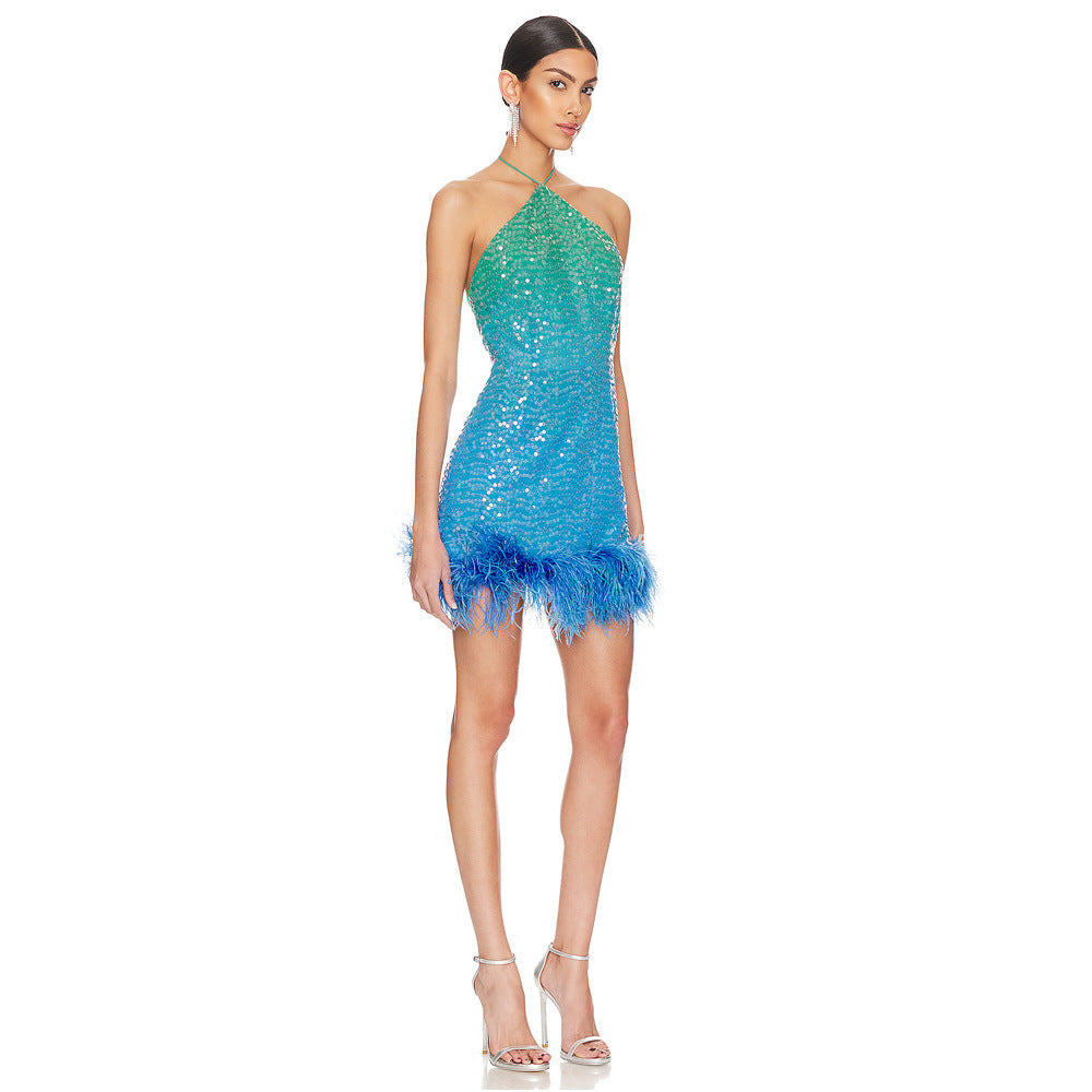Vestito da donna Valstrend con paillettes francesi, suspender e piume, abbigliamento elegante e alla moda per occasioni speciali