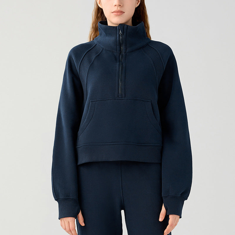 Maglione donna Valstrend a mezza zip con collo alto, tessuto caldo in pile per il tempo libero, colore grigio chiaro.