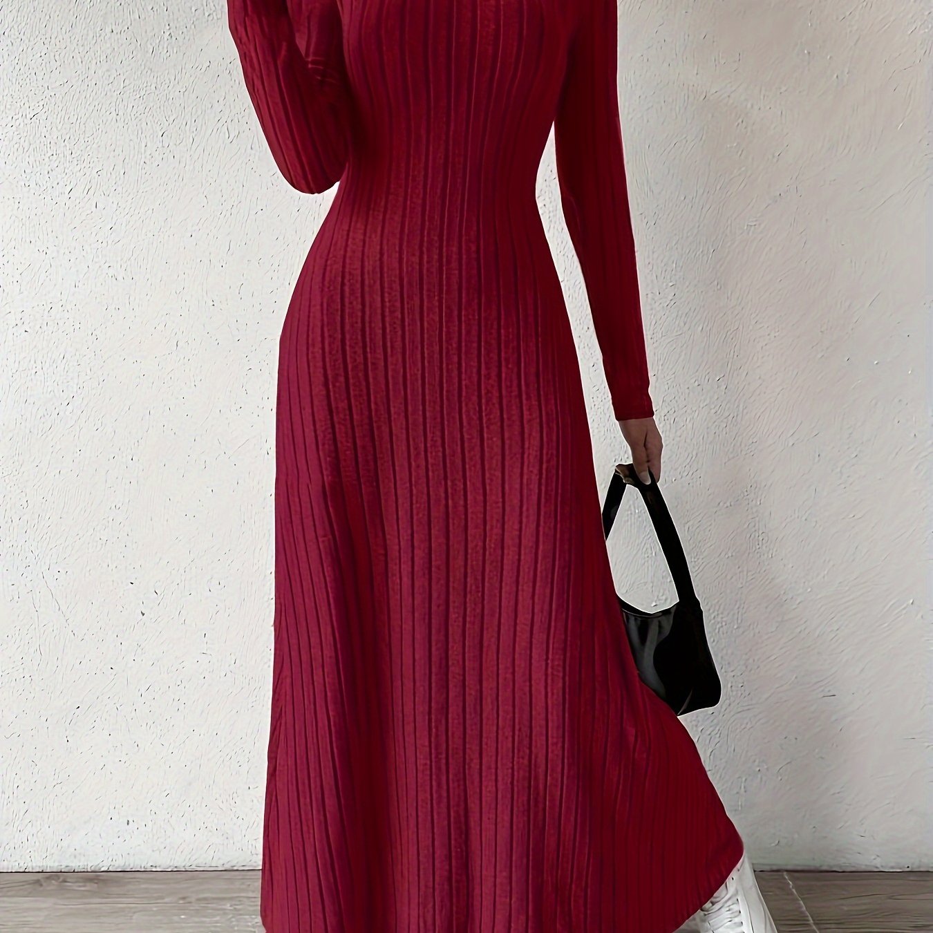 Ribbed Crew Neck Sweater Dress, Elegant Long Sleeve Ankle Dress For Fall ＆ Winter, Women's Clothing