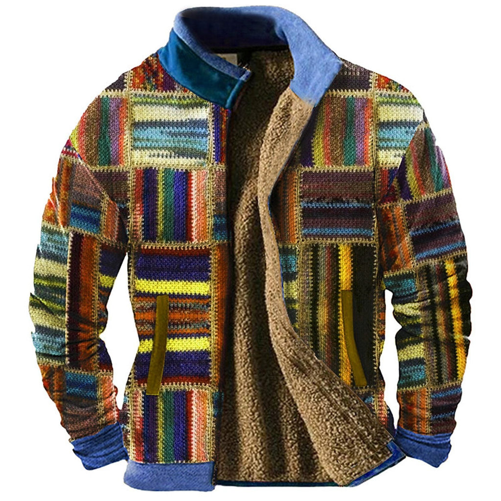 Giacca casual uomo Valstrend con motivo patchwork autunnale e invernale, stampa 3D, stile rilassato e moderno.