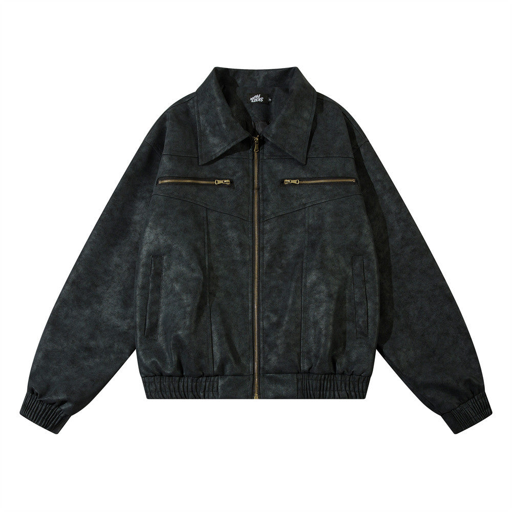 Giacca in pelle vintage e consumata da uomo, stile distressed, marca Valstrend shop, vista frontale con dettagli di cuciture e colletto