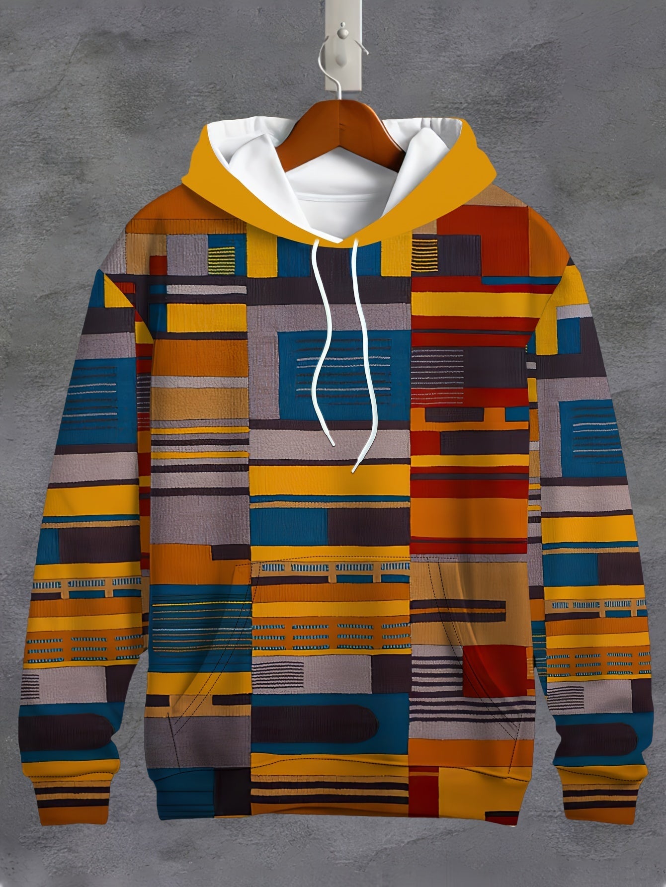 Felpa con cappuccio Valstrend, uomo, stampa geometrica a blocchi di colori, tasca canguro, vestibilità comoda per primavera/autunno