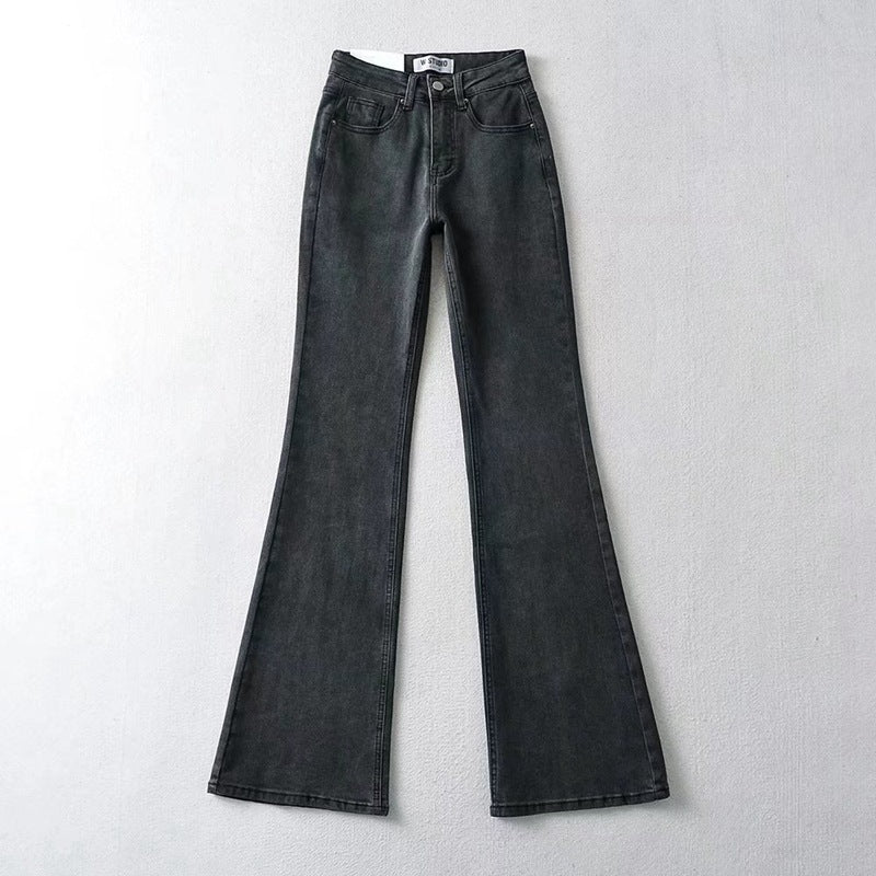 Jeans donna Valstrend con vita alta, elasticizzati, skinny e a zampa, modello micro flared in denim blu.