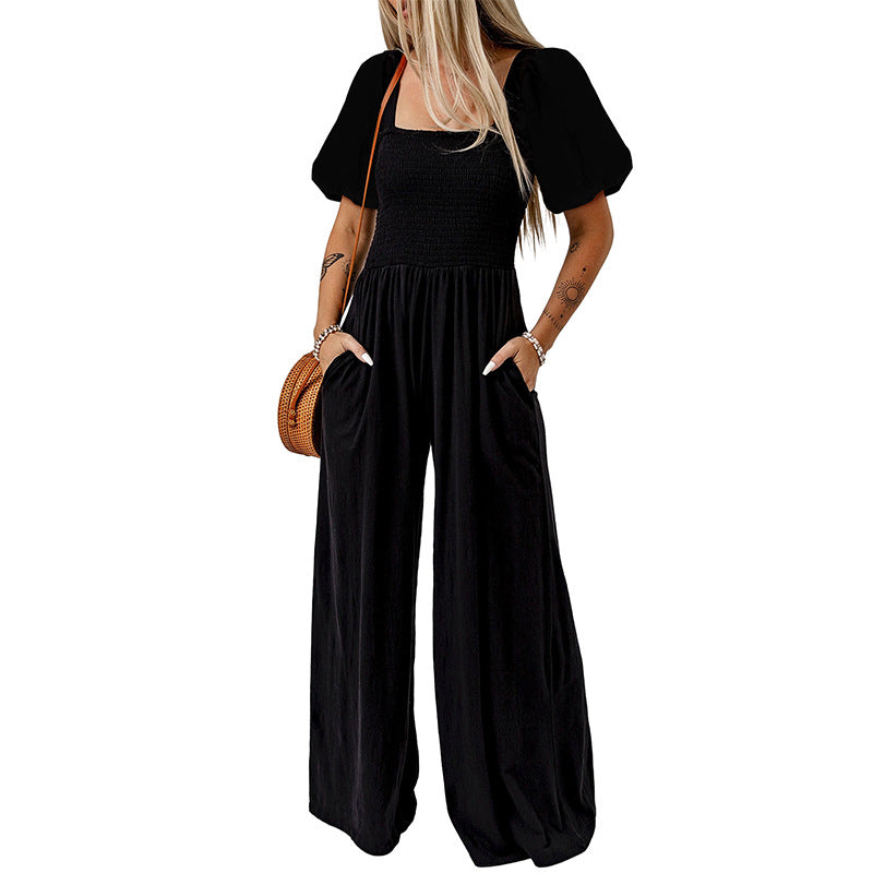 Completo jumpsuit donna con colletto quadrato e maniche corte, stile casual e moderno, di marca Valstrend.