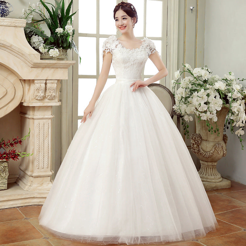 Abito da sposa primaverile 2021 Valstrend, tessuto a garza, spalle sottili, decorazioni in pizzo floreale, stile coreano elegante
