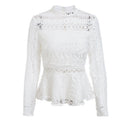 Sweet Crocheted Hollow Long Sleeve White Lace Shirt Top