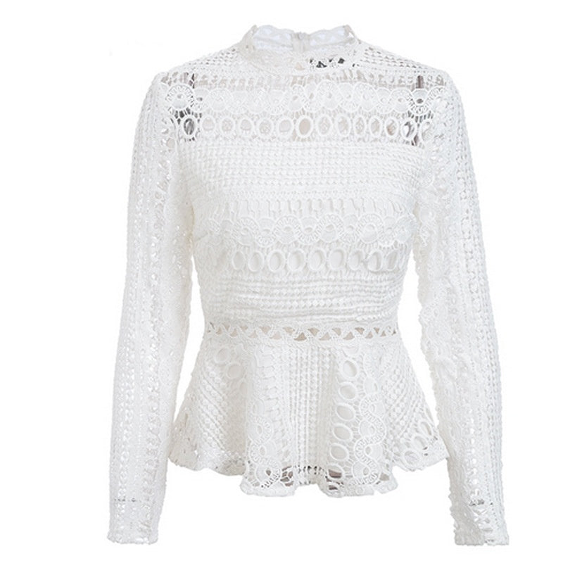 Sweet Crocheted Hollow Long Sleeve White Lace Shirt Top