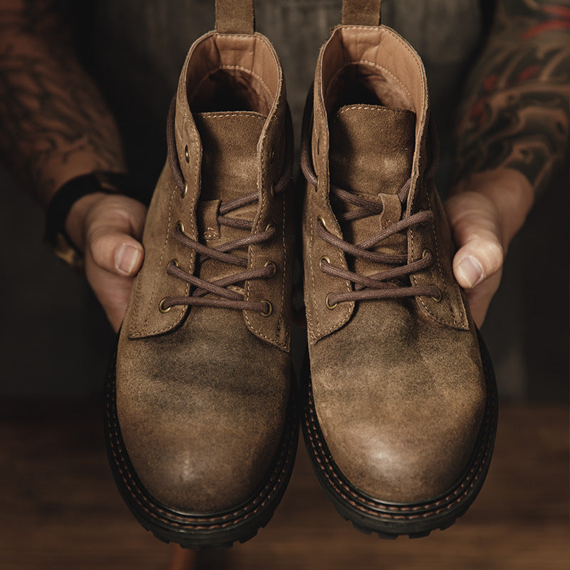 Scarpe da uomo Valstrend Martin boots da lavoro retrò, stivali in stile britannico con tacco medio e tomaia in pelle marrone scuro
