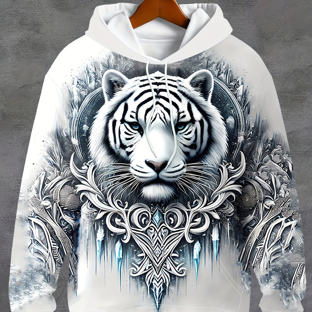 Felpa con cappuccio da uomo Valstrend con stampa digitale tigre bianca 3D e jacquard, tasca a marsupio, perfetta per sport primavera e autunno