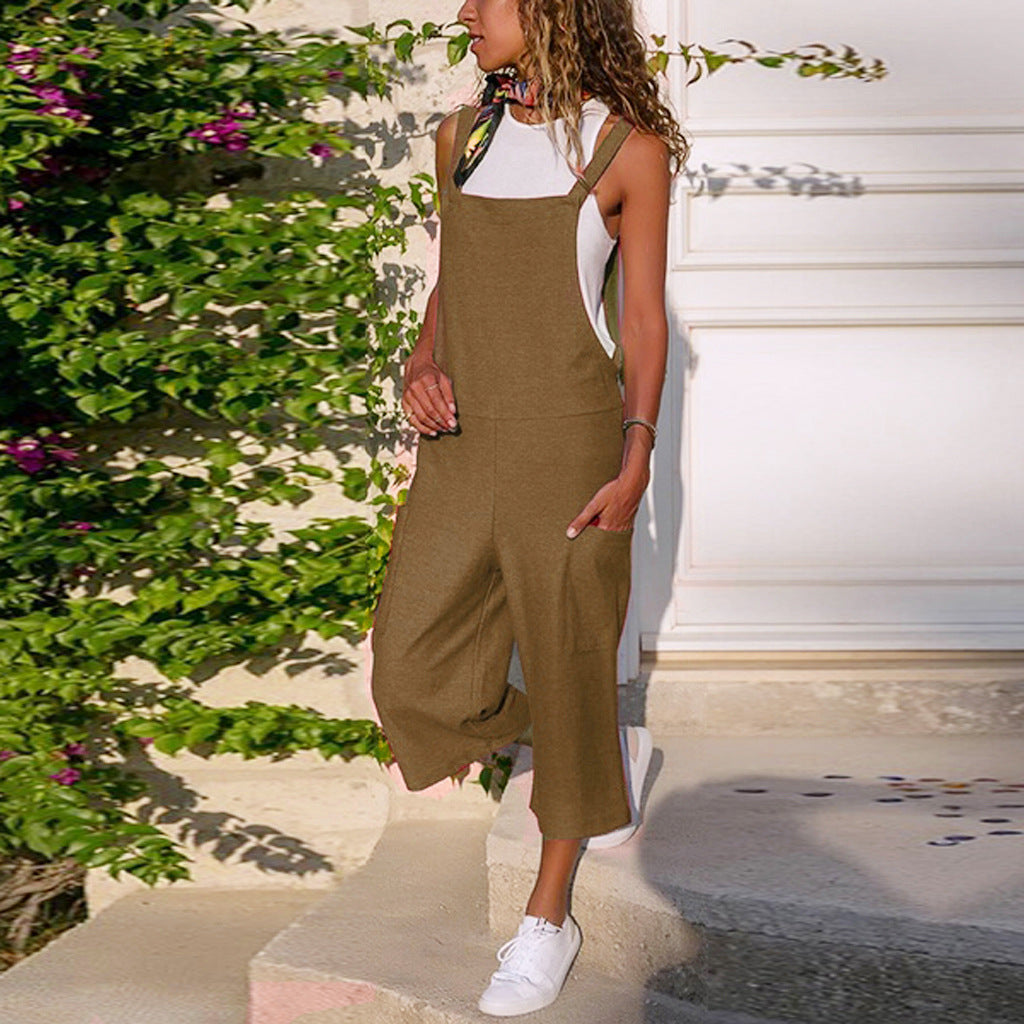 Completo casual in cotone e lino Valstrend, salopette lunga e larga, tessuto morbido e leggero, stile rilassato e comodo.