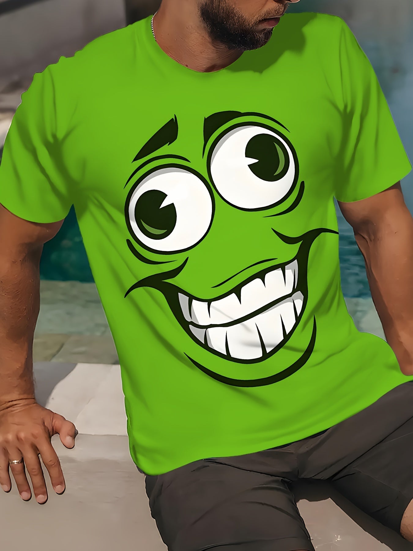 T-shirt casual da uomo Valstrend con stampa faccia sorridente 3D, maniche corte, collo rotondo, tessuto poliestere, lavabile in lavatrice