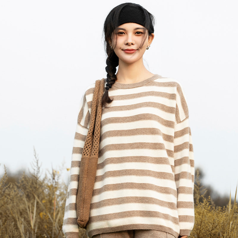 Striped Pure Wool Loose Western Style All-match Sweater