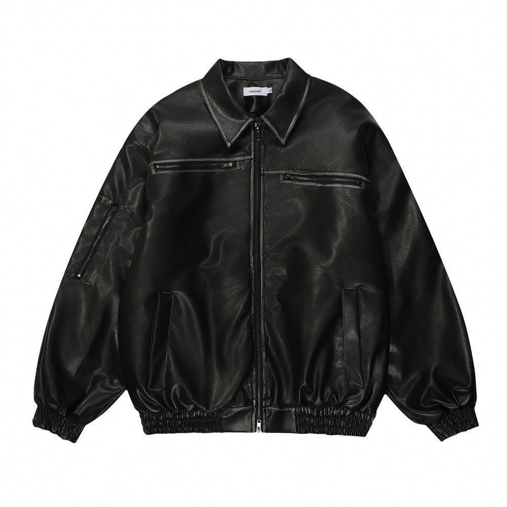Distressed Biker's Leather Jacket Men's Clothing Padded Lapel
