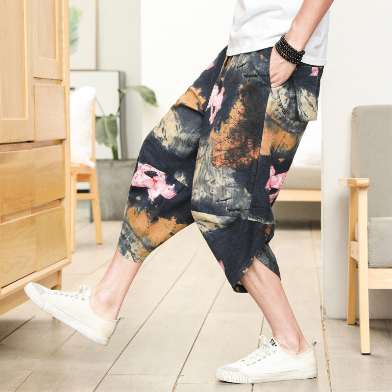 Pantaloni harem etnici da uomo in cotone e lino con motivo floreale, taglio cropped e tapered, marca Valstrend.