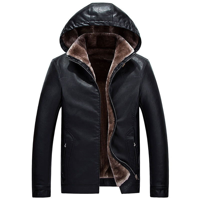 Giacca in pelle PU maschile di Valstrend, stile invernale con cappuccio, spessa, in velluto e lana, adatta per l'inverno.