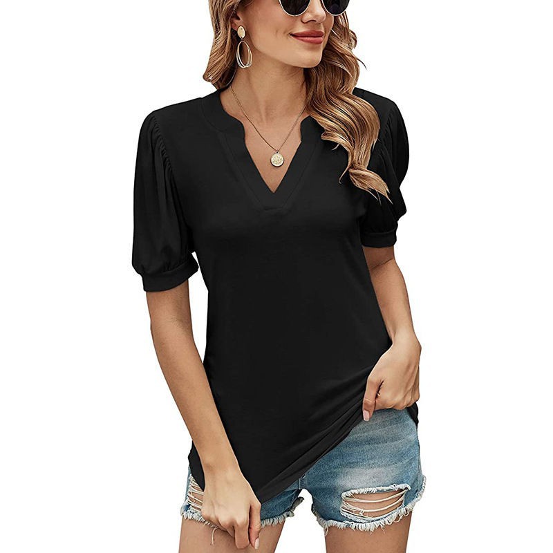 T-shirt casual donna Valstrend con scollo a V, maniche a sbuffo e tessuto a tinta unita, vestibilità larga e comoda.