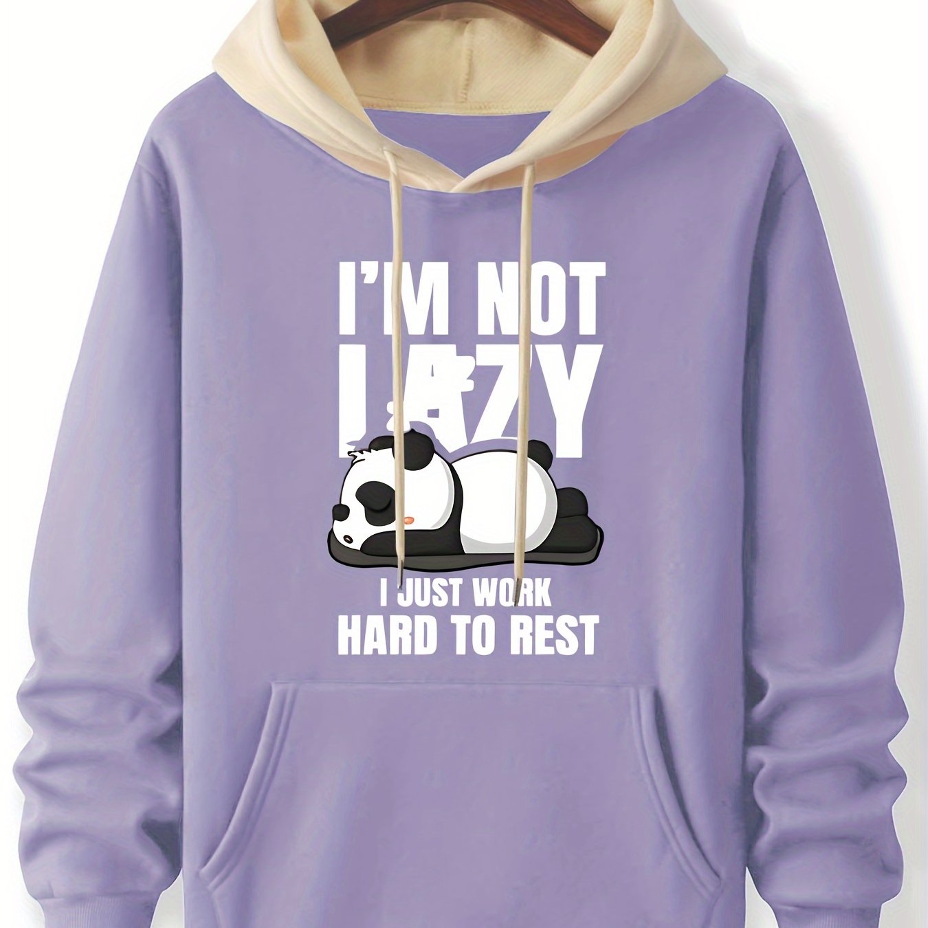 Felpa casual da uomo Valstrend con stampa panda cartoon, slogan, collo rotondo, tessuto elasticizzato in poliestere, vestibilità regolare.