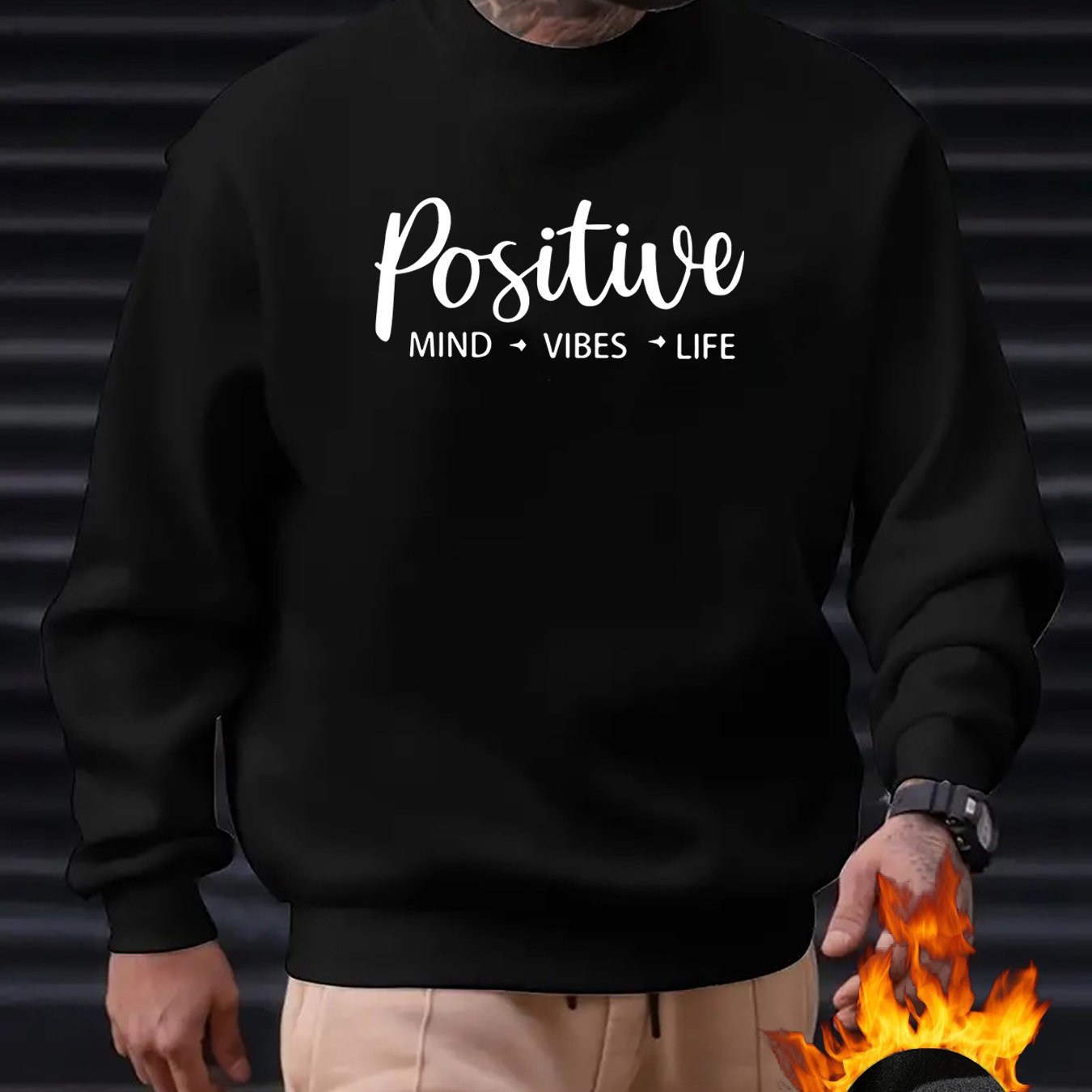 Felpa da uomo Valstrend Positive Mind Vibes Life con grafica, collo rotondo, maniche lunghe e taglio regolare, tessuto elasticizzato.