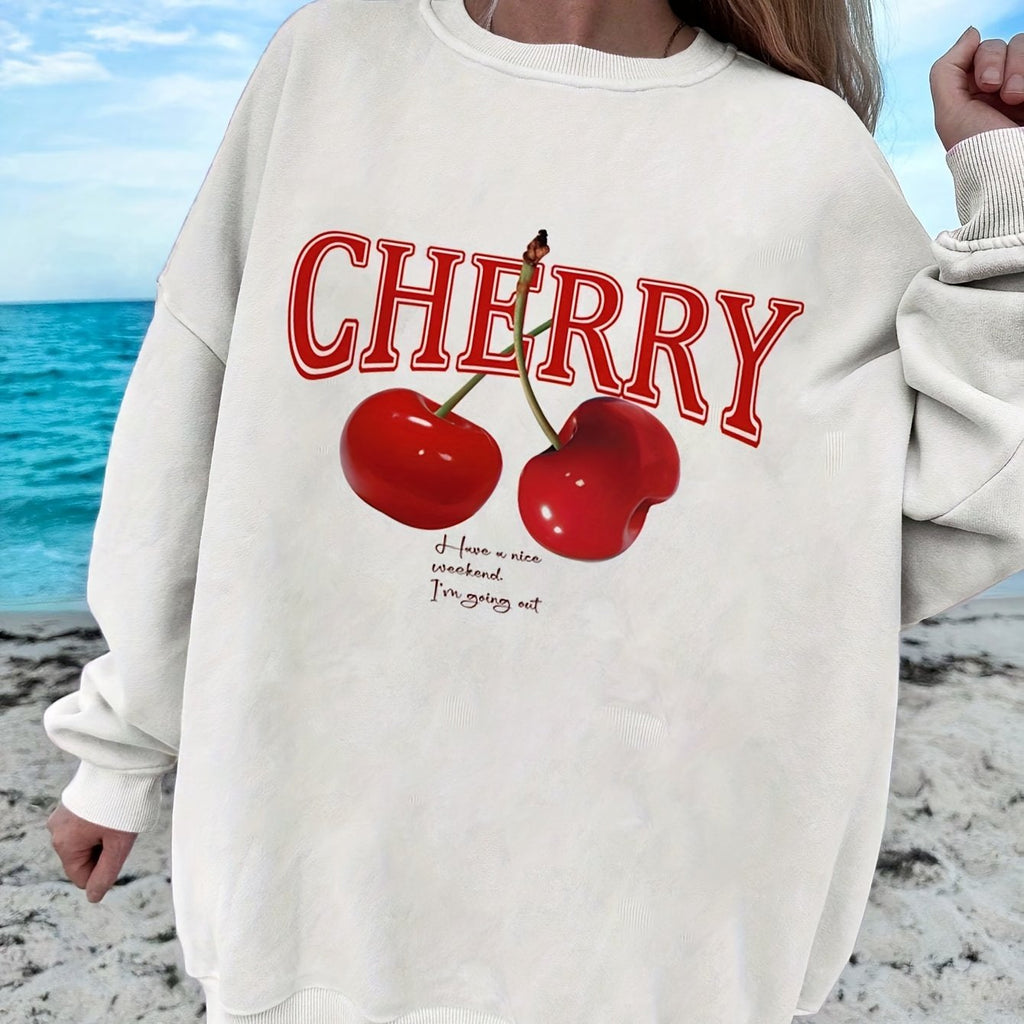 Elegant Plus Size Crew Neck Cherry Print Sweatshirt - 100% Polyester Knit Fabric, Long Sleeve, Regular Length, Medium Stretch, Fall/Winter Collection Pullover