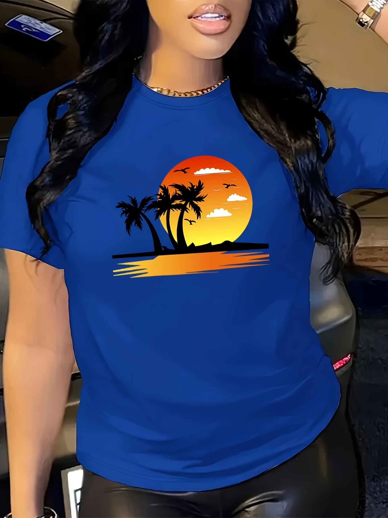 T-shirt donna Valstrend con stampa di tramonto sulla spiaggia, manica corta, casual, ideale per primavera e estate.