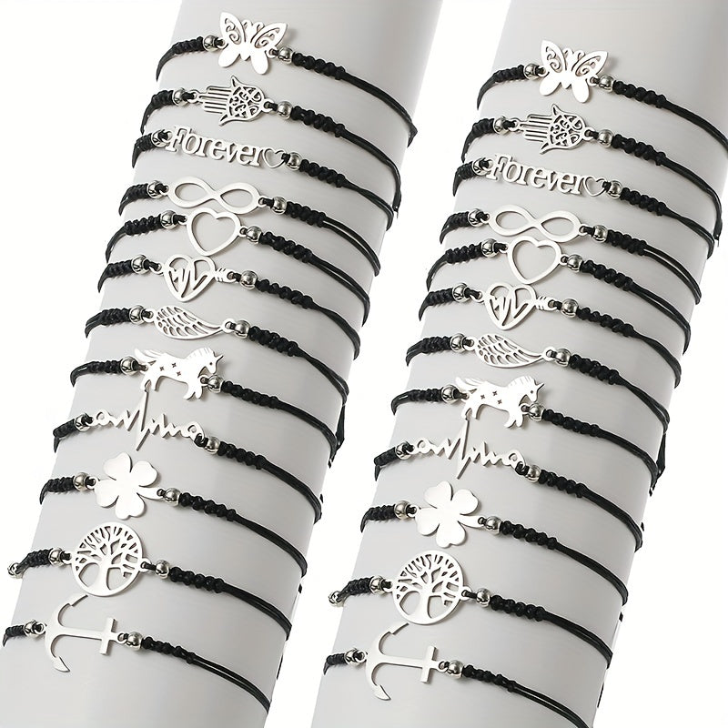 Set di braccialetti unisex con charms Fatima, unicorno e cuore in acciaio inox, con corda nera regolabile, gioielli alla moda.