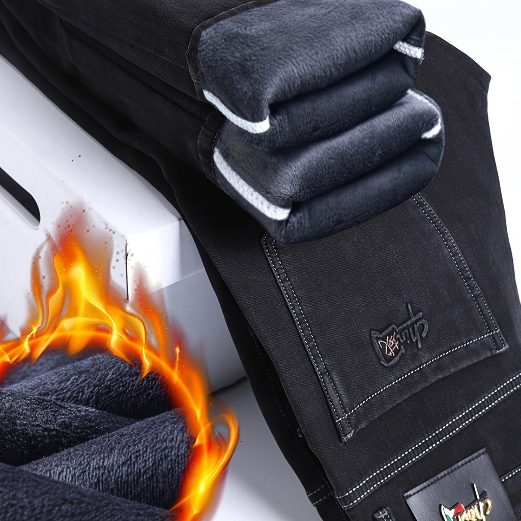 Jeans da uomo in denim con fodera in pile termico, linea dritta, ideali per inverno, stile casual e business.